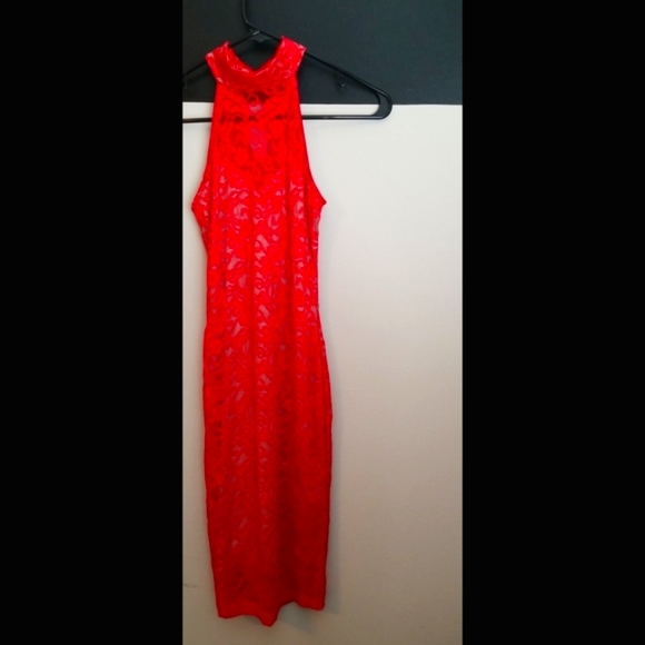 NEW LISTING! Red Nude Illusion Lace Mock Neck Dress - Picture 16 of 17